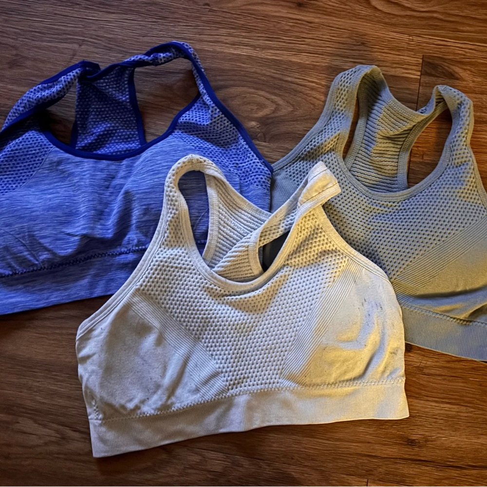 (Basically New)Seamless Racerback Sports Bras - White, Light Gray & Blue(3)